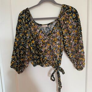 Nordstrom Black Multi Floral Tie-Waist Blouse